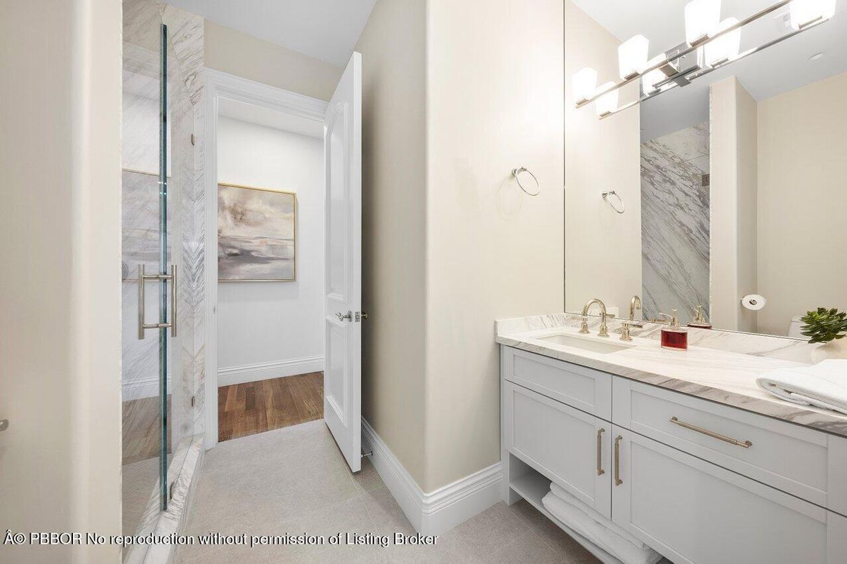 Bathroom, Dual Sink Vanities, Glass Shower, Interior, Tile Countertops, Wood Texture Flooring