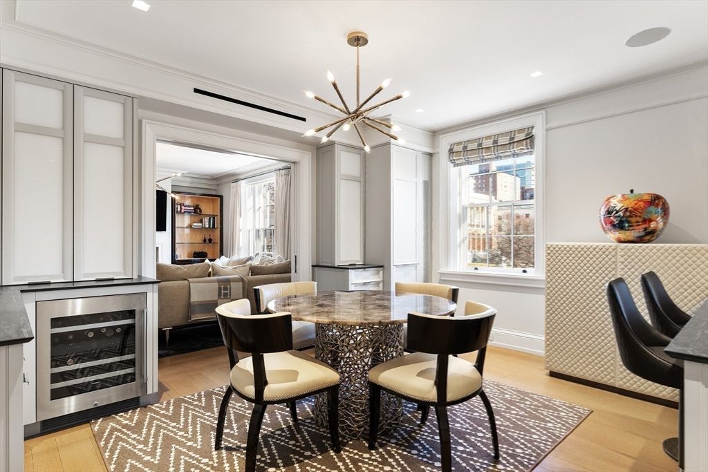 Dining room, Fireplace, Interior, Living room, Pendant Lights, Recessed Lighting, Wood Texture Flooring