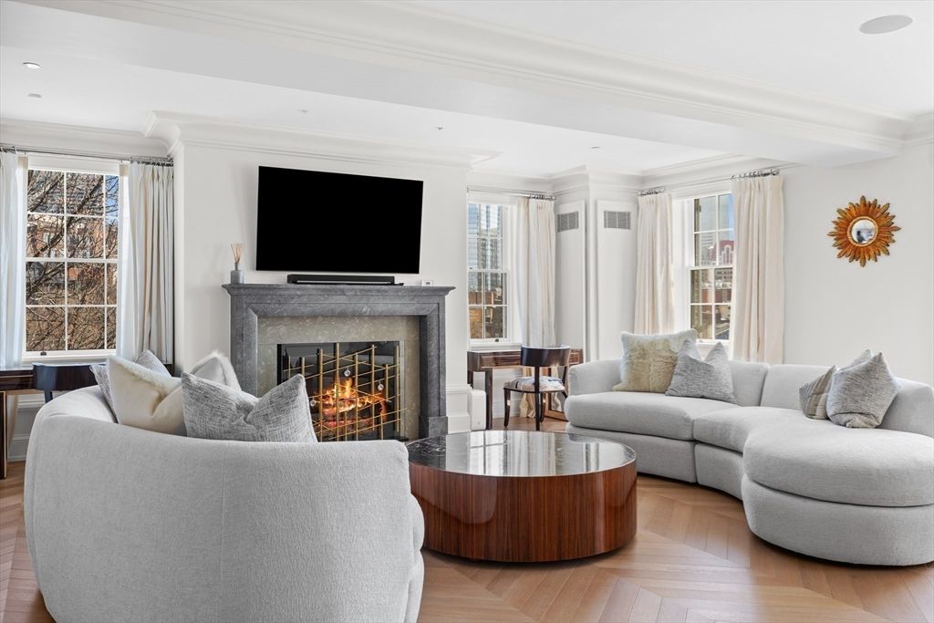 Fireplace, Interior, Living room, Recessed Lighting, Wood Texture Flooring