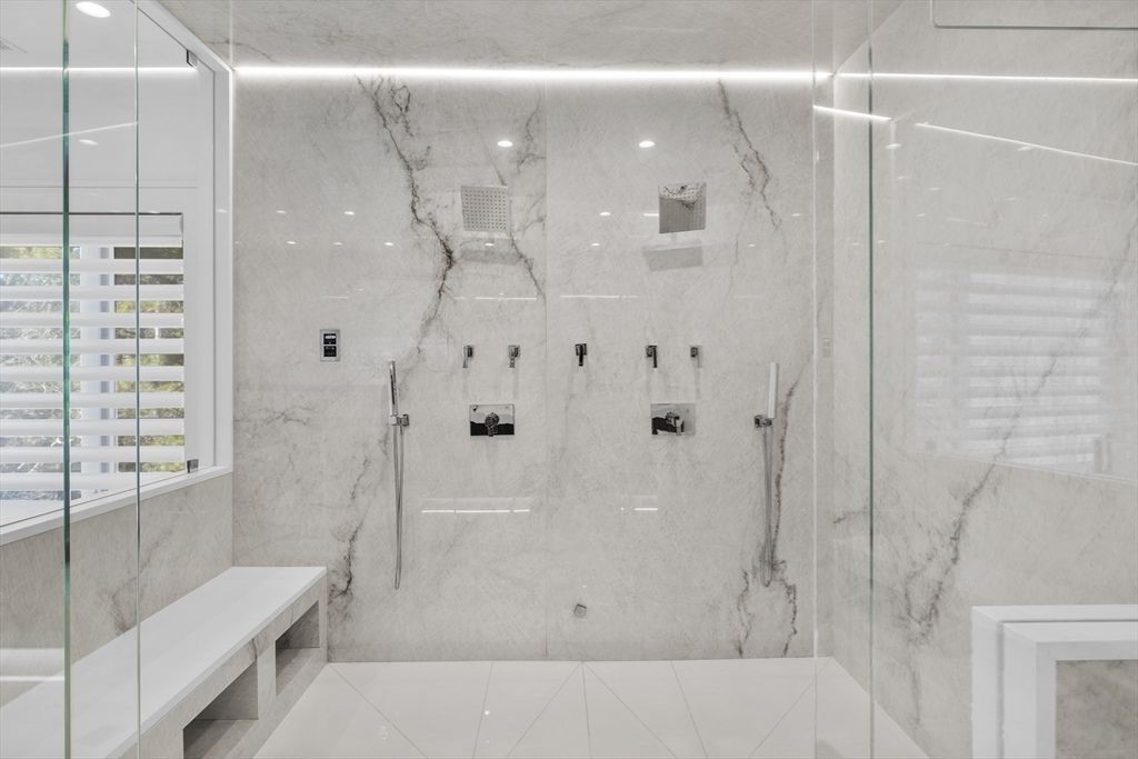 Bathroom, Glass Shower, Interior, Marble Walls, Recessed Lighting