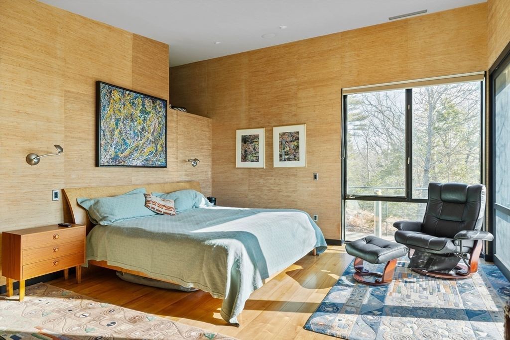 Bedroom, Interior, Recessed Lighting, Wood Texture Flooring, Wooden Walls