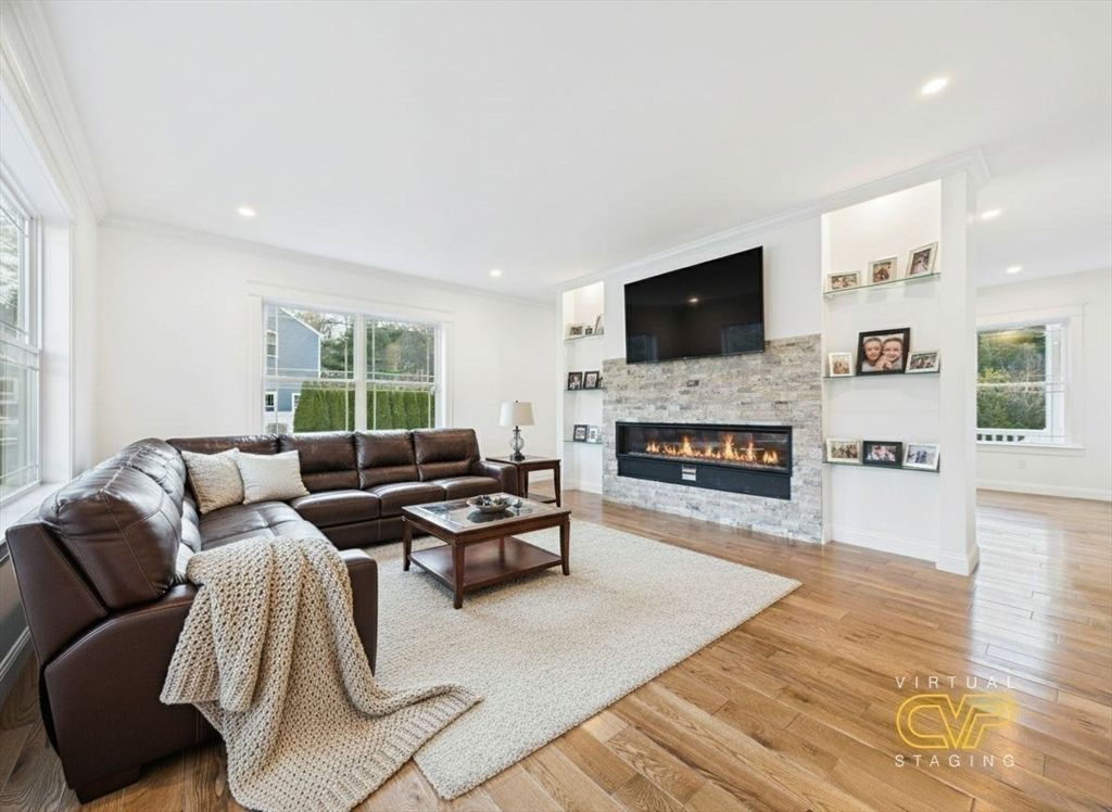 Fireplace, Interior, Living room, Recessed Lighting, Wood Texture Flooring