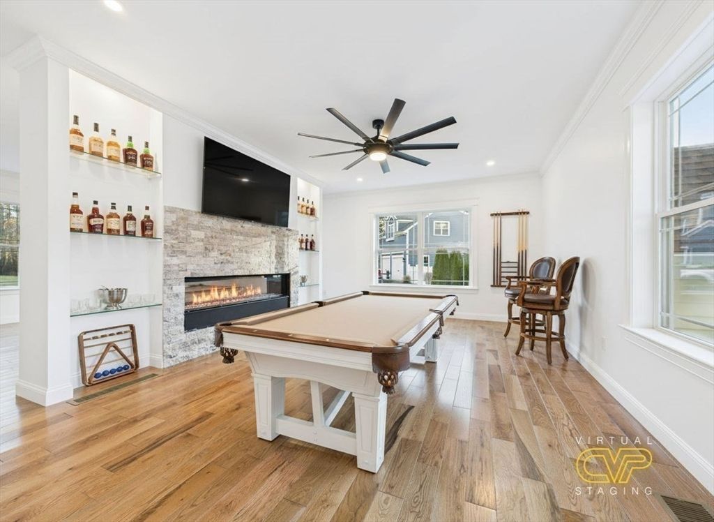 Billiard Table, Fireplace, Game Room, Interior, Recessed Lighting, Wood Texture Flooring