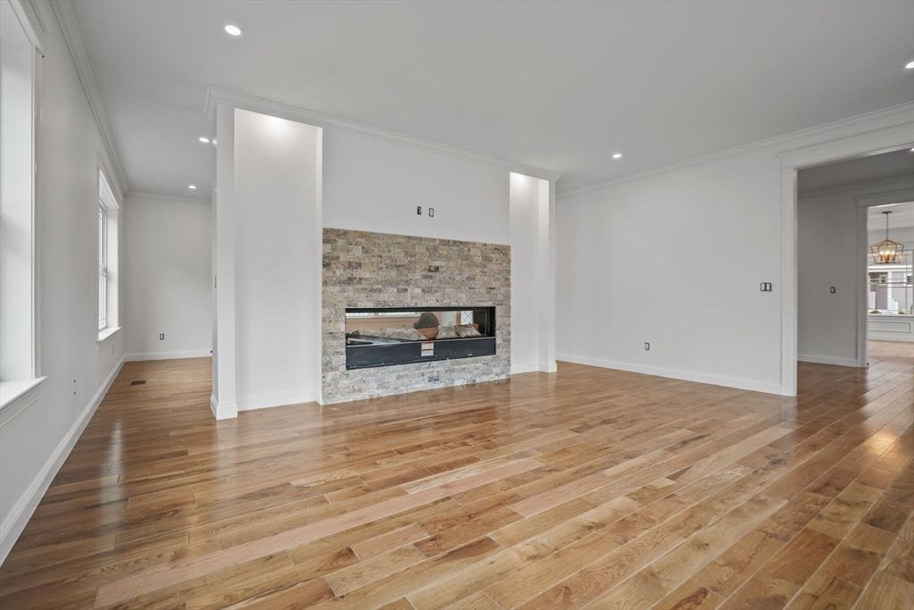 Empty room, Fireplace, Interior, Recessed Lighting, Wood Texture Flooring