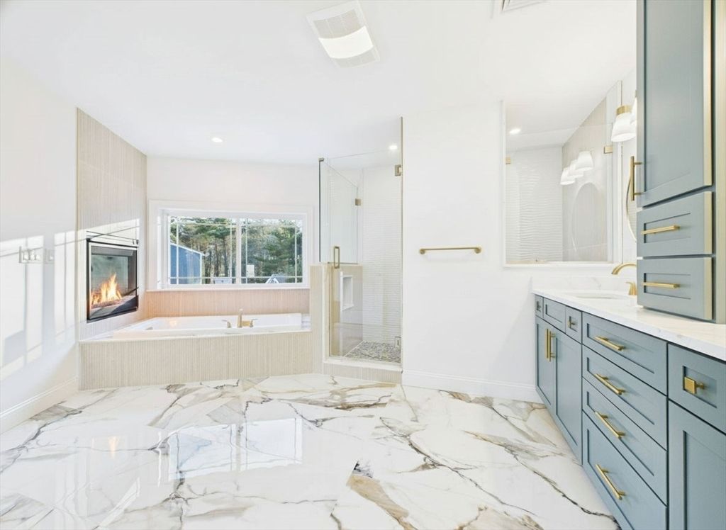 Bathroom, Fireplace, Glass Shower, Interior, Marble, Recessed Lighting