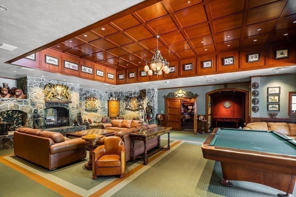 Billiard Table, Chandelier, Fireplace, Game Room, Interior, Living room, Recessed Lighting, Wooden Ceilings