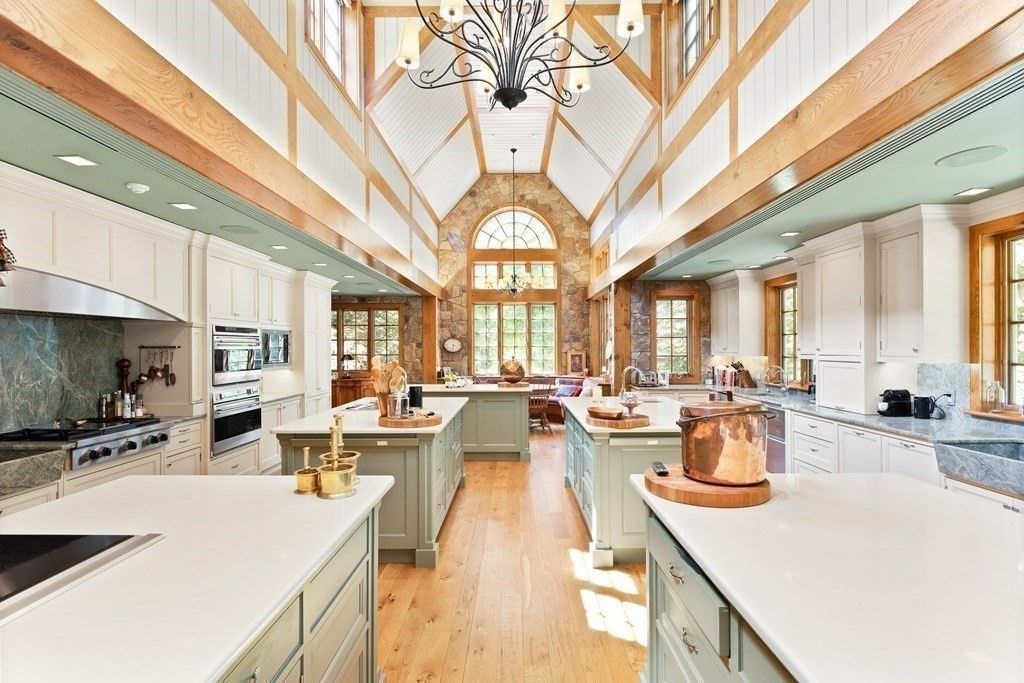 Chandelier, Interior, Kitchen, Recessed Lighting, Stainless Steel Appliances, Wooden Beams, Wood Texture Flooring