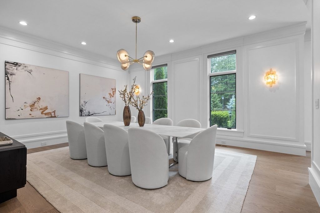 Dining room, Interior, Pendant Lights, Recessed Lighting, Wood Texture Flooring