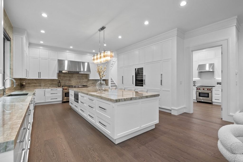 Chandelier, Interior, Kitchen, Pendant Lights, Recessed Lighting, Stainless Steel Appliances, Wood Texture Flooring