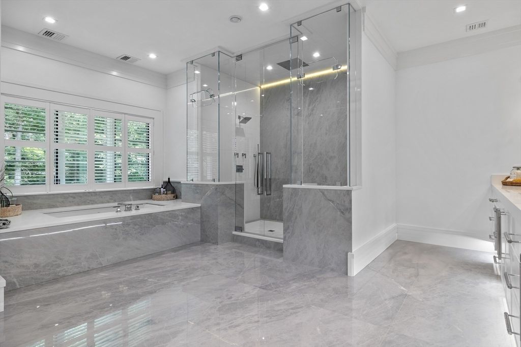 Bathroom, Glass Shower, Interior, Marble Walls, Recessed Lighting