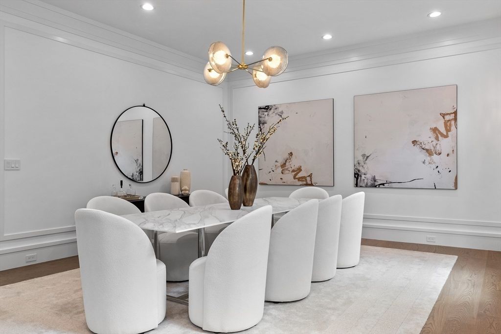 Dining room, Interior, Pendant Lights, Recessed Lighting, Wood Texture Flooring