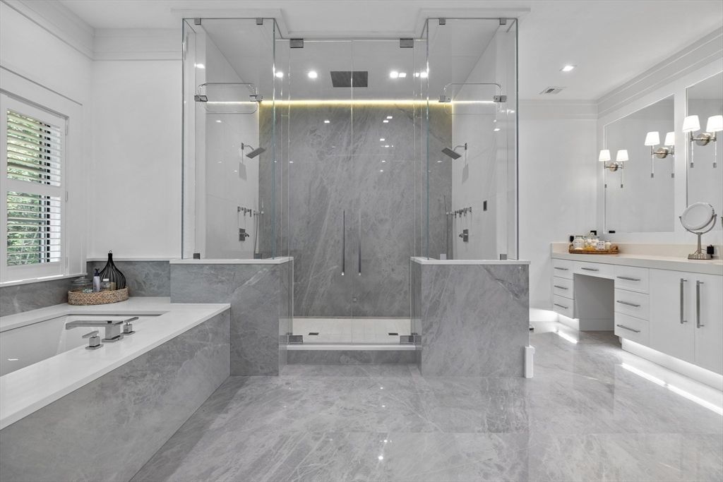 Bathroom, Dual Sink Vanities, Glass Shower, Interior, Marble Walls, Recessed Lighting