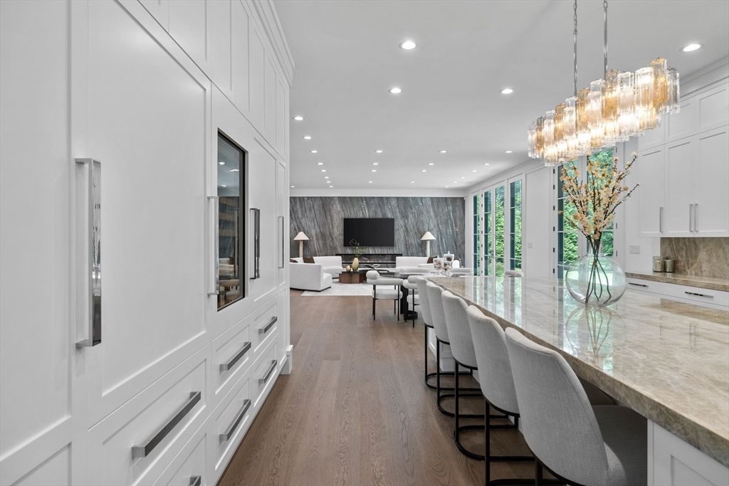 Dining room, Fireplace, Interior, Living room, Pendant Lights, Recessed Lighting, Wood Texture Flooring