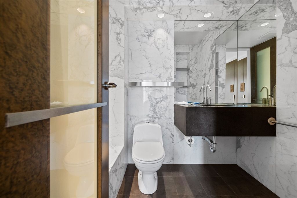 Bathroom, Interior, Marble Walls, Recessed Lighting, Wood Texture Flooring