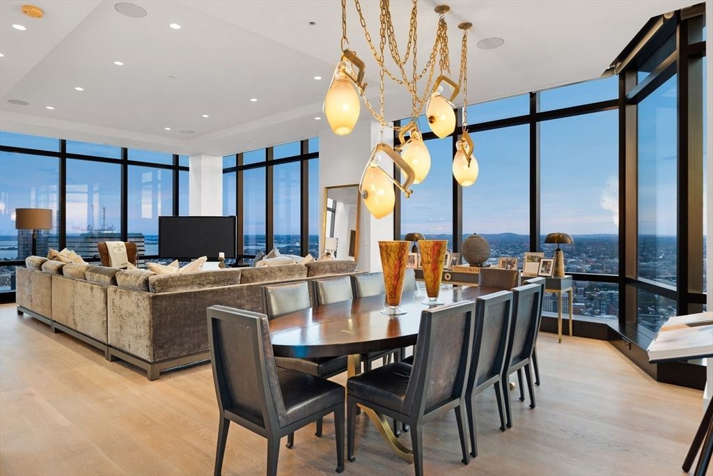 Dining room, Interior, Living room, Pendant Lights, Recessed Lighting, Water, Wood Texture Flooring