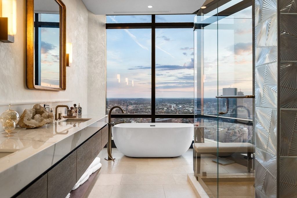 Bathroom, Free Standing Baths, Glass Shower, Interior, Recessed Lighting