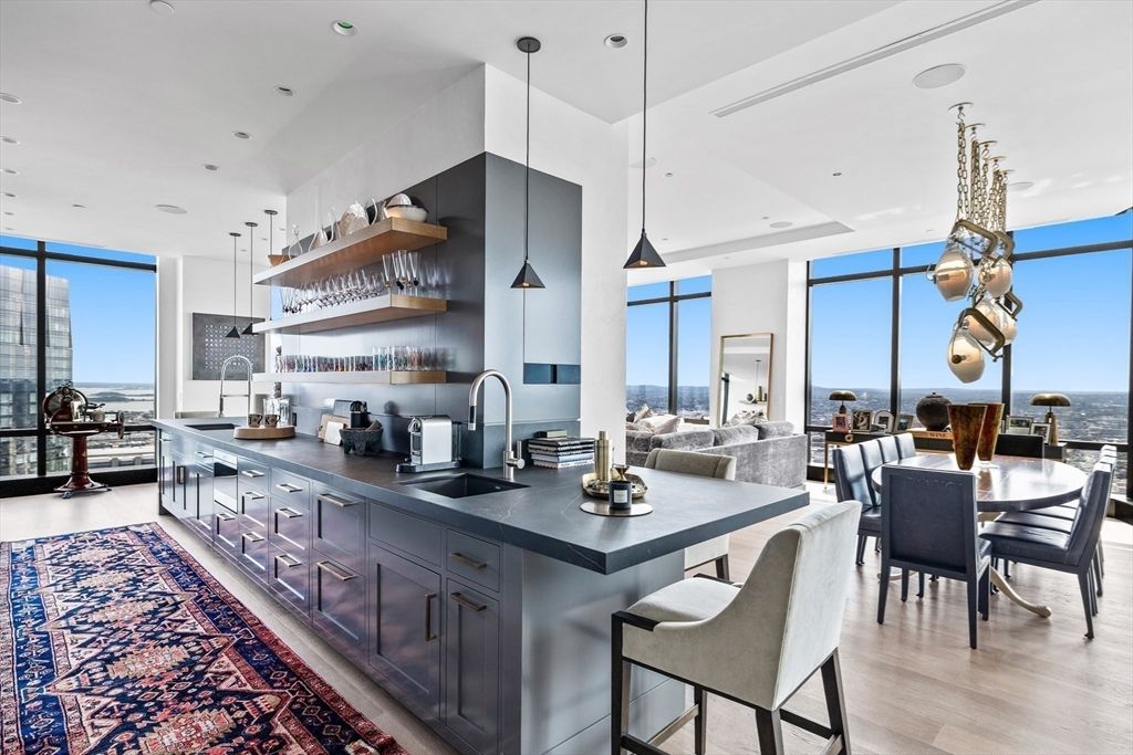 Dining room, Interior, Kitchen, Pendant Lights, Recessed Lighting, Stainless Steel Appliances, Water, Wood Texture Flooring