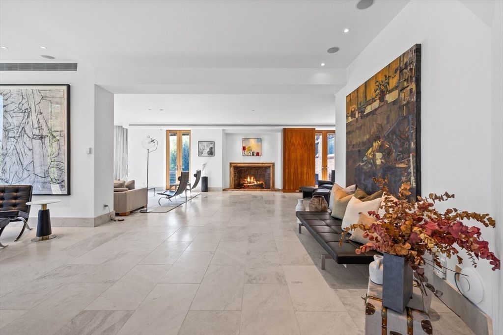 Fireplace, Interior, Living room, Marble, Recessed Lighting