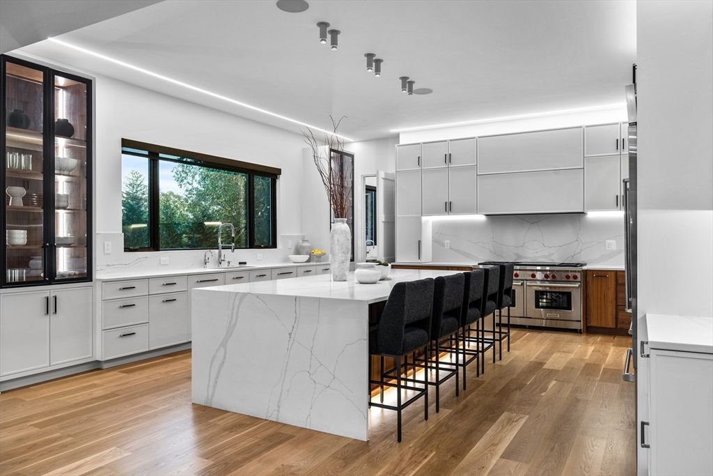 Interior, Kitchen, Marble Walls, Stainless Steel Appliances, Wood Texture Flooring