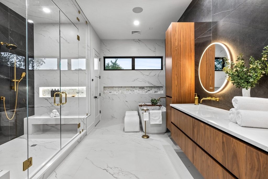 Bathroom, Dual Sink Vanities, Glass Shower, Interior, Marble, Marble Walls, Recessed Lighting