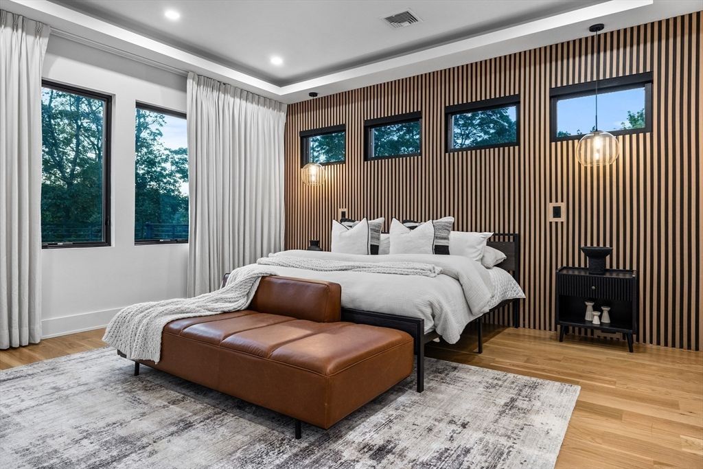 Bedroom, Interior, Pendant Lights, Recessed Lighting, Wood Texture Flooring