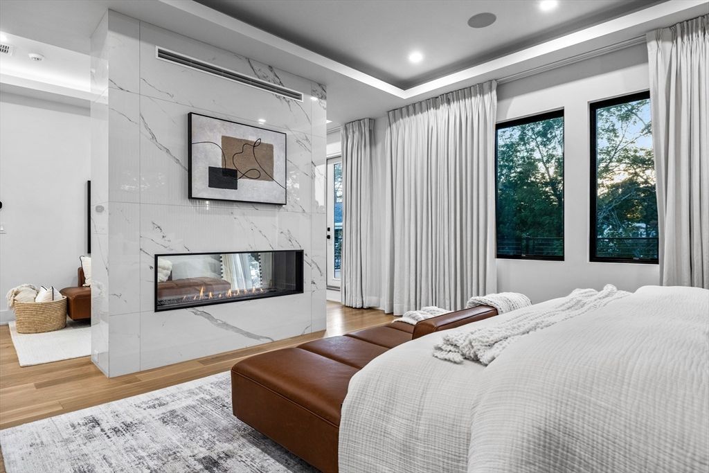 Bedroom, Fireplace, Interior, Marble Walls, Recessed Lighting, Wood Texture Flooring