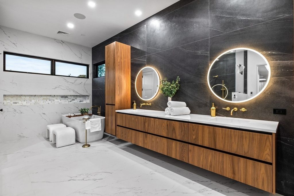 Bathroom, Dual Sink Vanities, Free Standing Baths, Interior, Marble, Marble Walls, Recessed Lighting