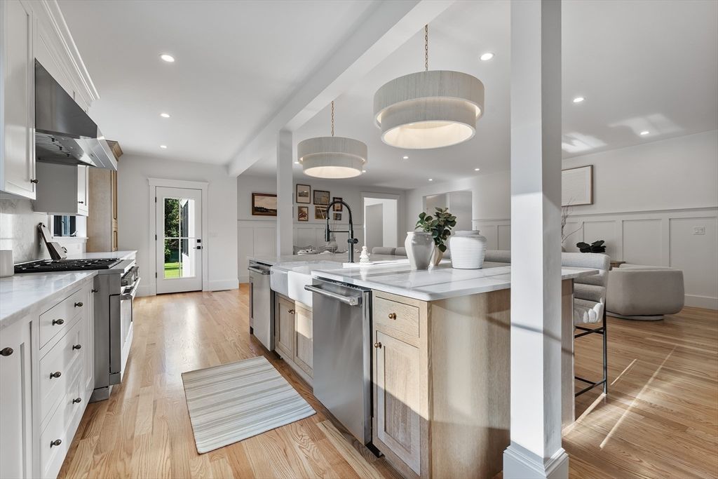 Interior, Kitchen, Pendant Lights, Recessed Lighting, Stainless Steel Appliances, Wood Texture Flooring