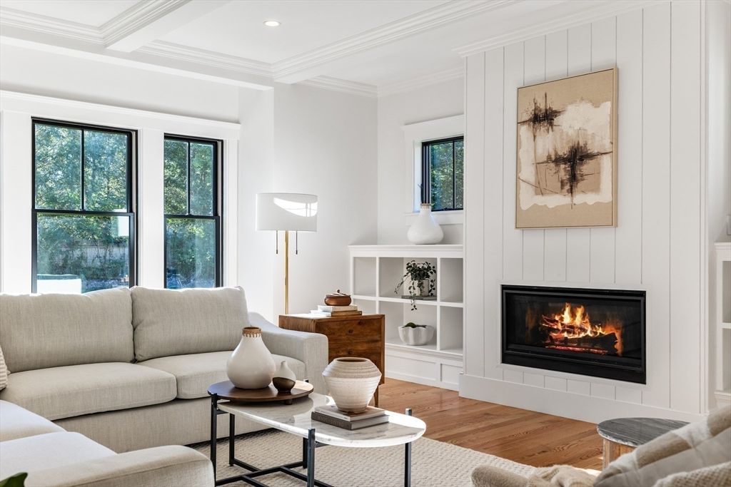 Fireplace, Interior, Living room, Recessed Lighting, Wood Texture Flooring