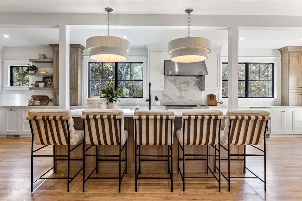 Interior, Kitchen, Marble Walls, Pendant Lights, Recessed Lighting, Wood Texture Flooring