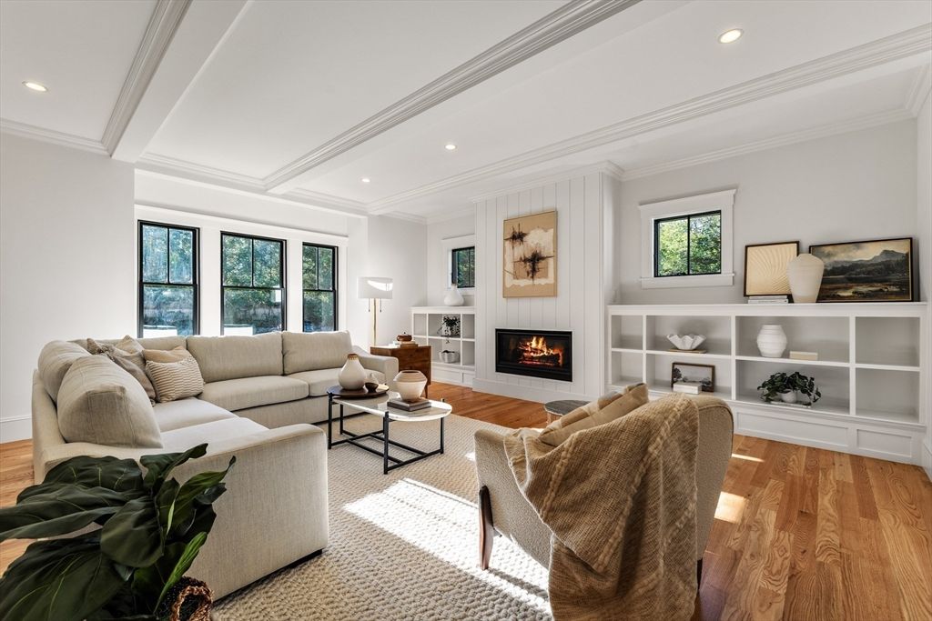 Fireplace, Interior, Living room, Recessed Lighting, Wood Texture Flooring