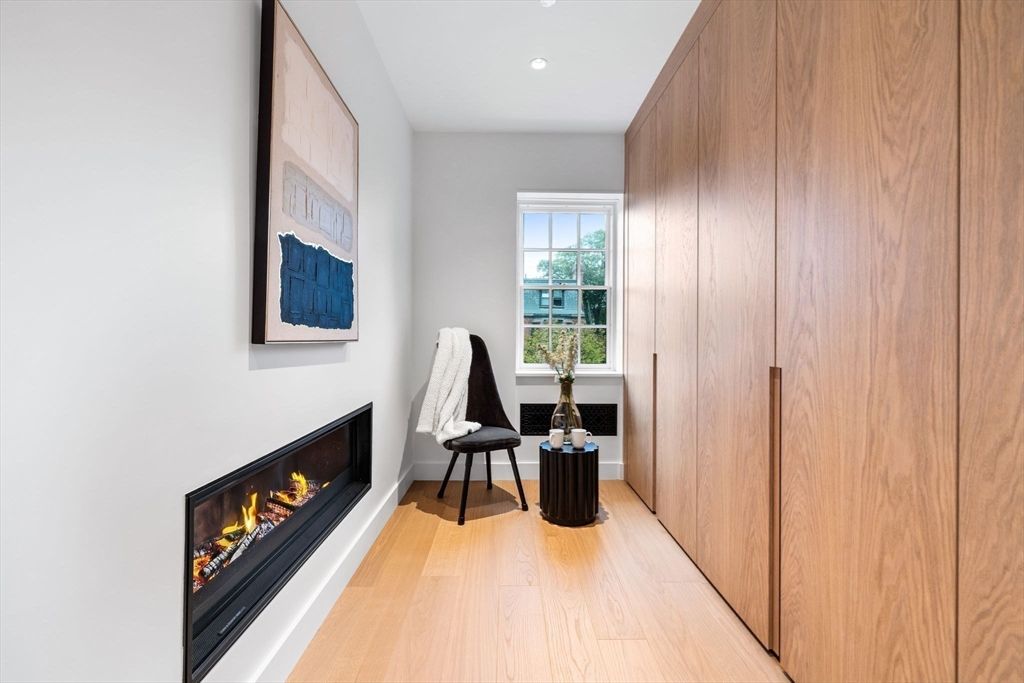 Fireplace, Interior, Recessed Lighting, Wood Texture Flooring, Wooden Walls