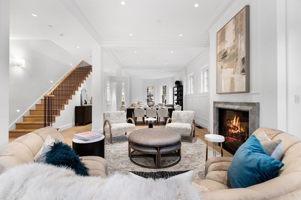 Dining room, Fireplace, Interior, Living room, Recessed Lighting, Wood Texture Flooring