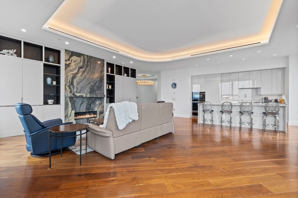 Fireplace, Interior, Kitchen, Living room, Recessed Lighting, Stainless Steel Appliances, Wood Texture Flooring