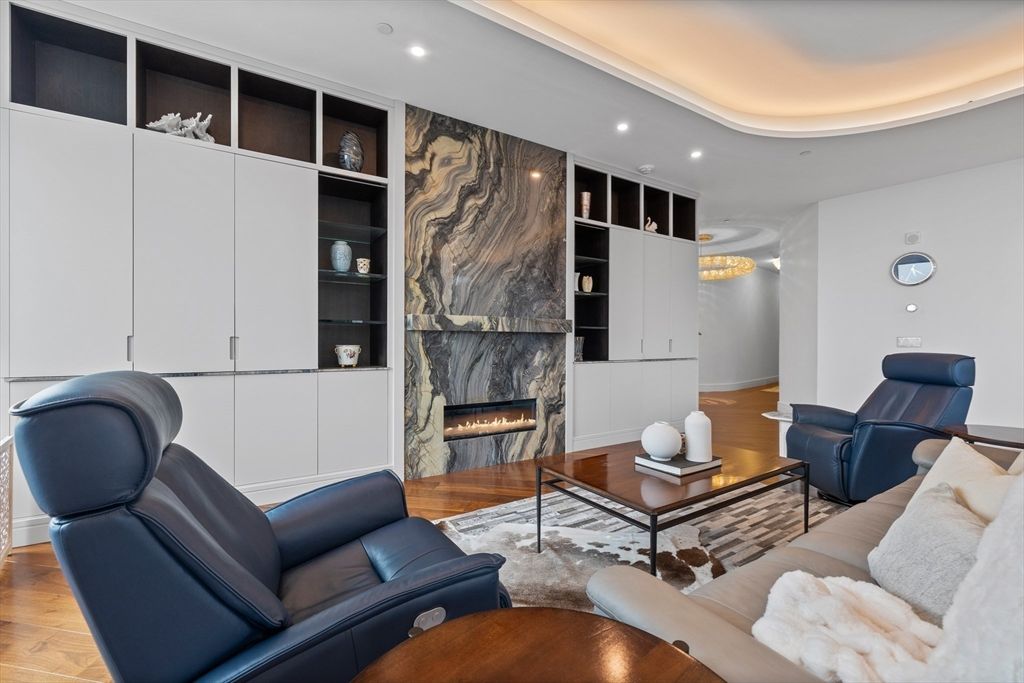 Fireplace, Interior, Living room, Recessed Lighting, Wood Texture Flooring