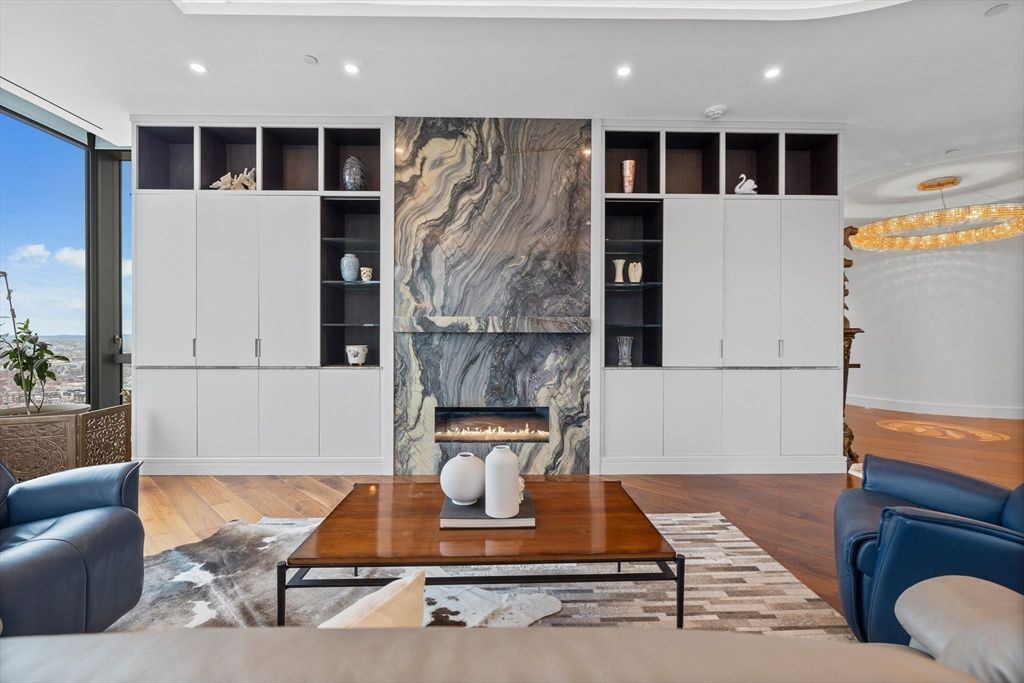 Fireplace, Interior, Living room, Recessed Lighting, Wood Texture Flooring