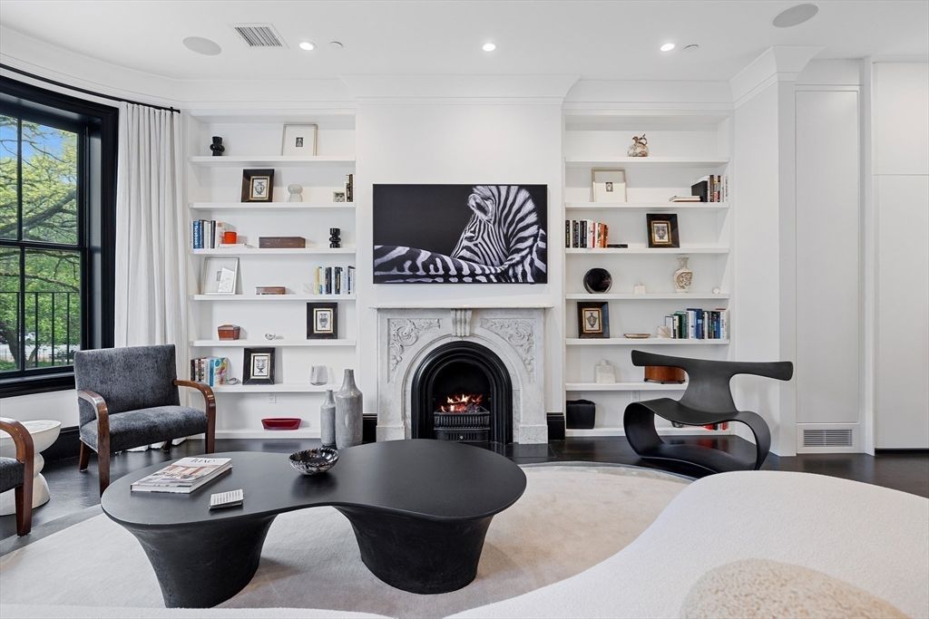 Fireplace, Home Office, Interior, Recessed Lighting, Wood Texture Flooring