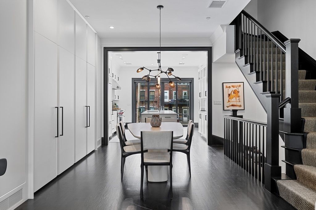Dining room, Interior, Pendant Lights, Recessed Lighting, Wood Texture Flooring