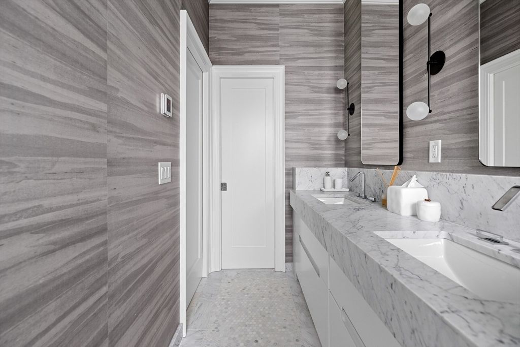 Bathroom, Dual Sink Vanities, Interior, Pendant Lights, Wooden Walls
