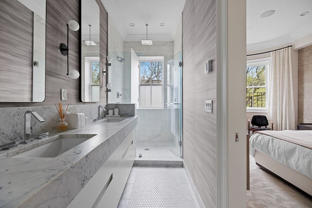 Bathroom, Bedroom, Dual Sink Vanities, Glass Shower, Interior, Marble, Pendant Lights, Recessed Lighting