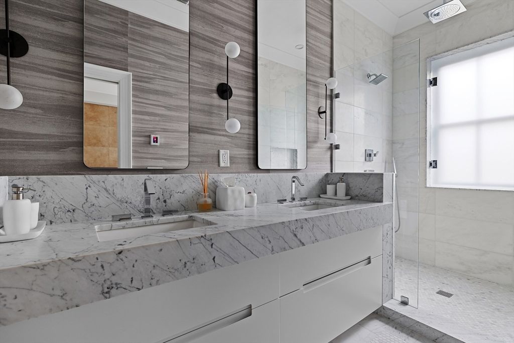 Bathroom, Glass Shower, Interior, Marble Walls, Pendant Lights