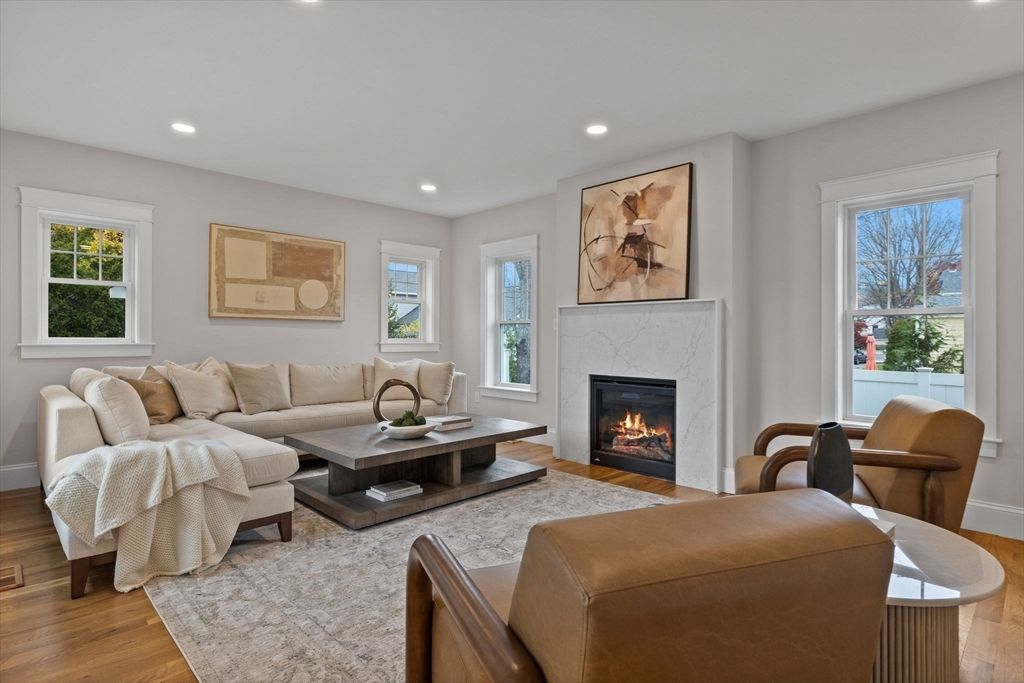 Fireplace, Interior, Living room, Recessed Lighting, Wood Texture Flooring