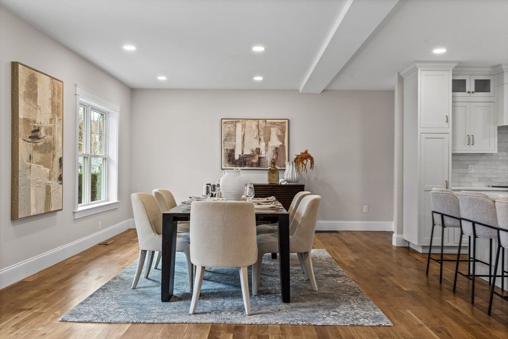 Dining room, Interior, Recessed Lighting, Wood Texture Flooring