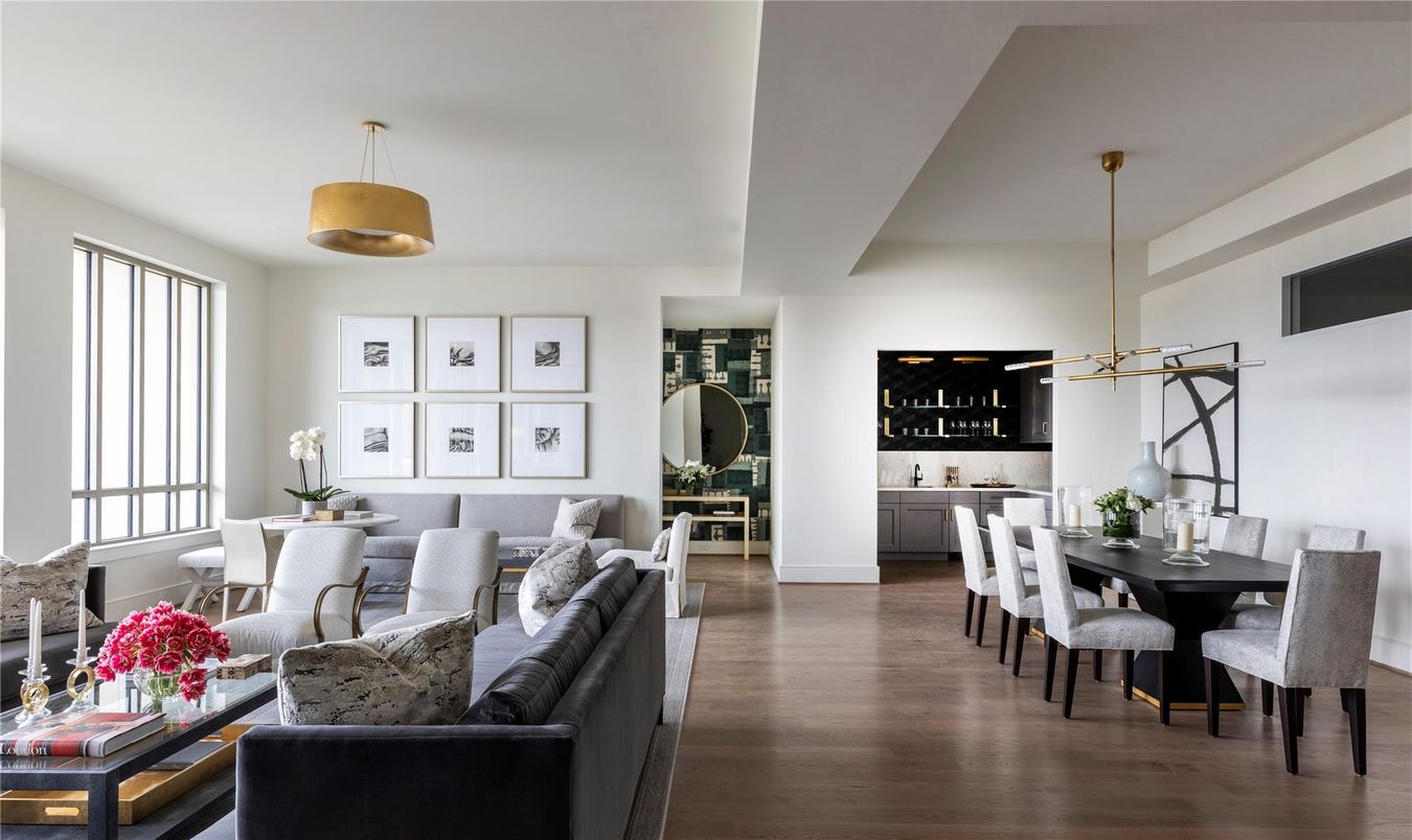 Dining room, Interior, Living room, Pendant Lights, Wood Texture Flooring