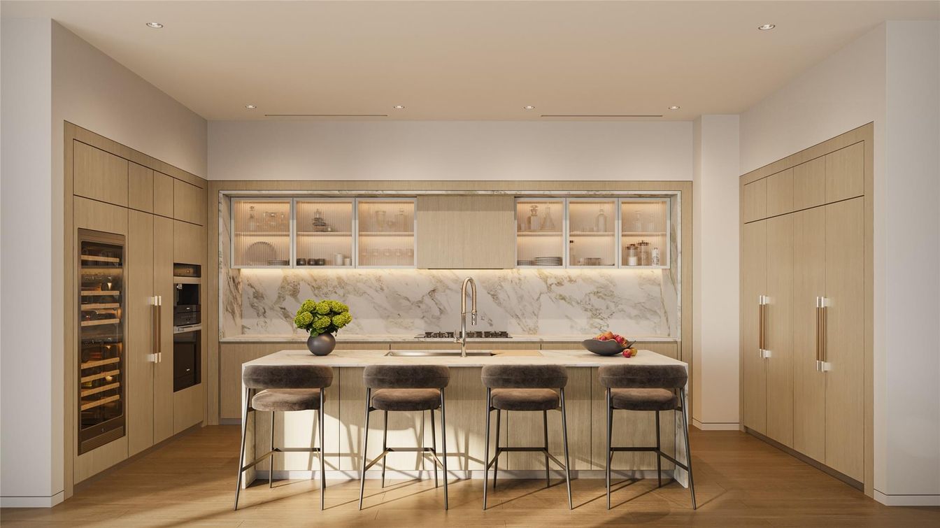 Interior, Kitchen, Marble Walls, Recessed Lighting, Stainless Steel Appliances, Wood Texture Flooring