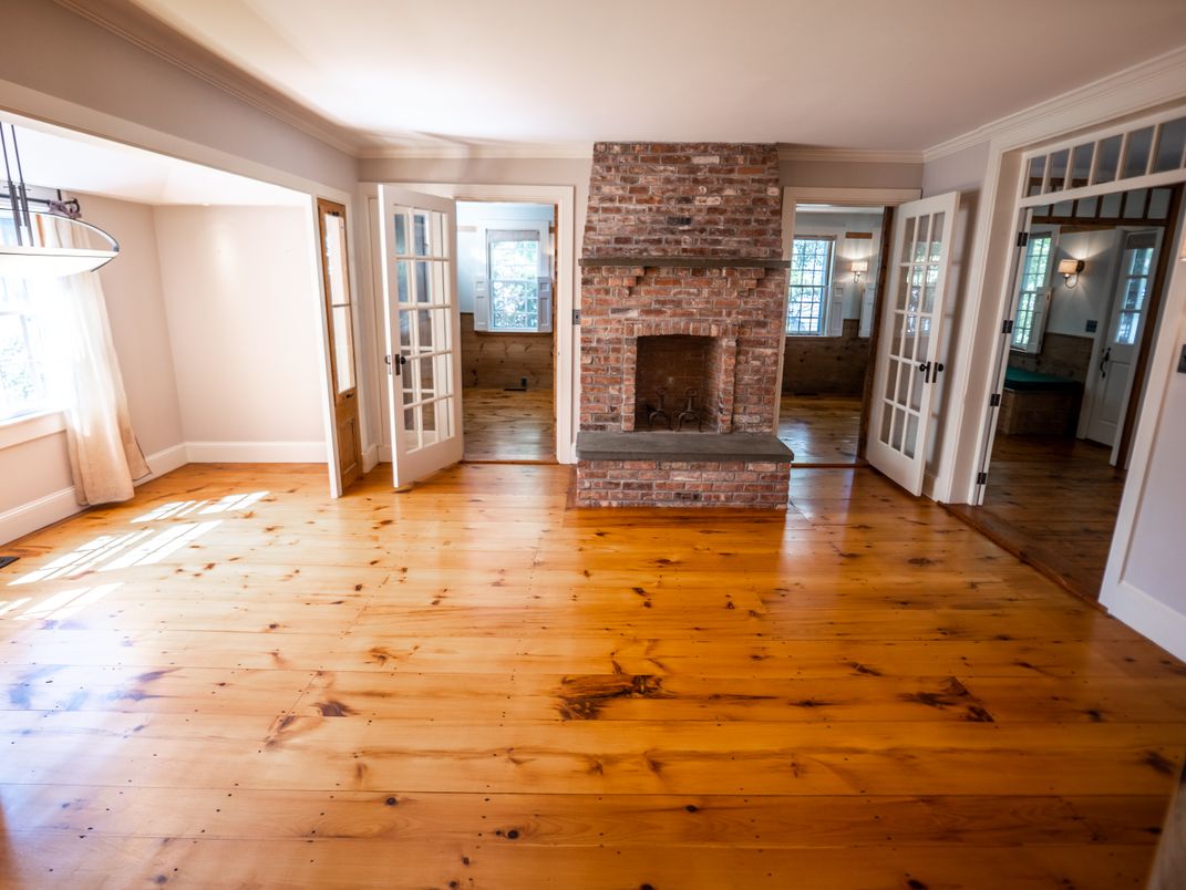 Empty room, Fireplace, Interior, Stone Walls, Wood Texture Flooring