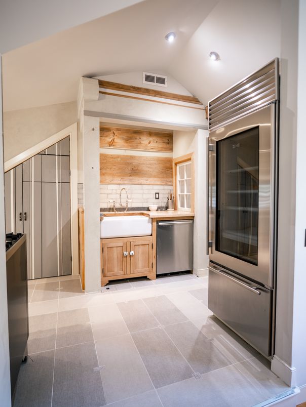 Interior, Kitchen, Recessed Lighting, Stainless Steel Appliances, Wooden Walls