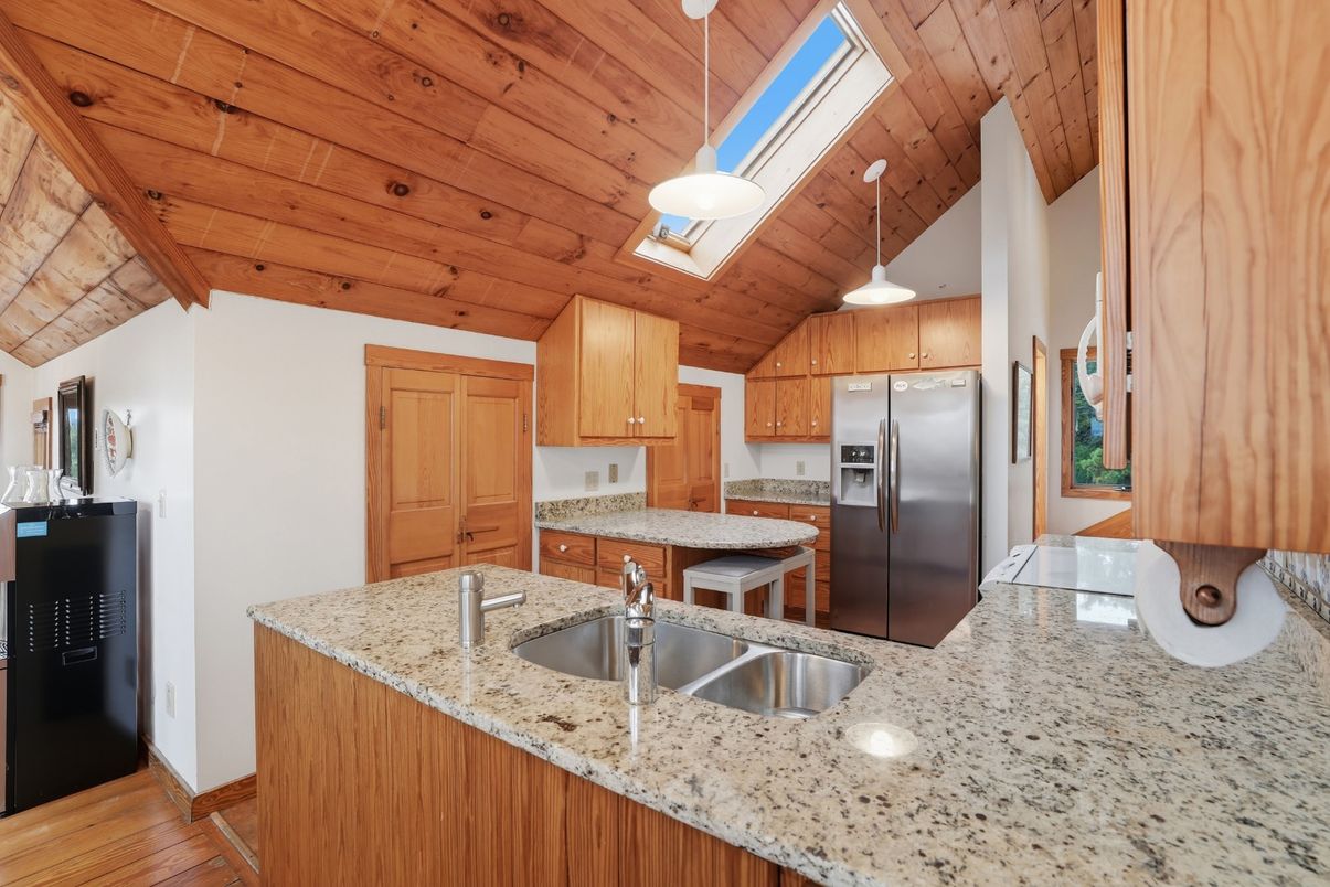 Interior, Kitchen, Pendant Lights, Stainless Steel Appliances, Wooden Ceilings, Wood Texture Flooring