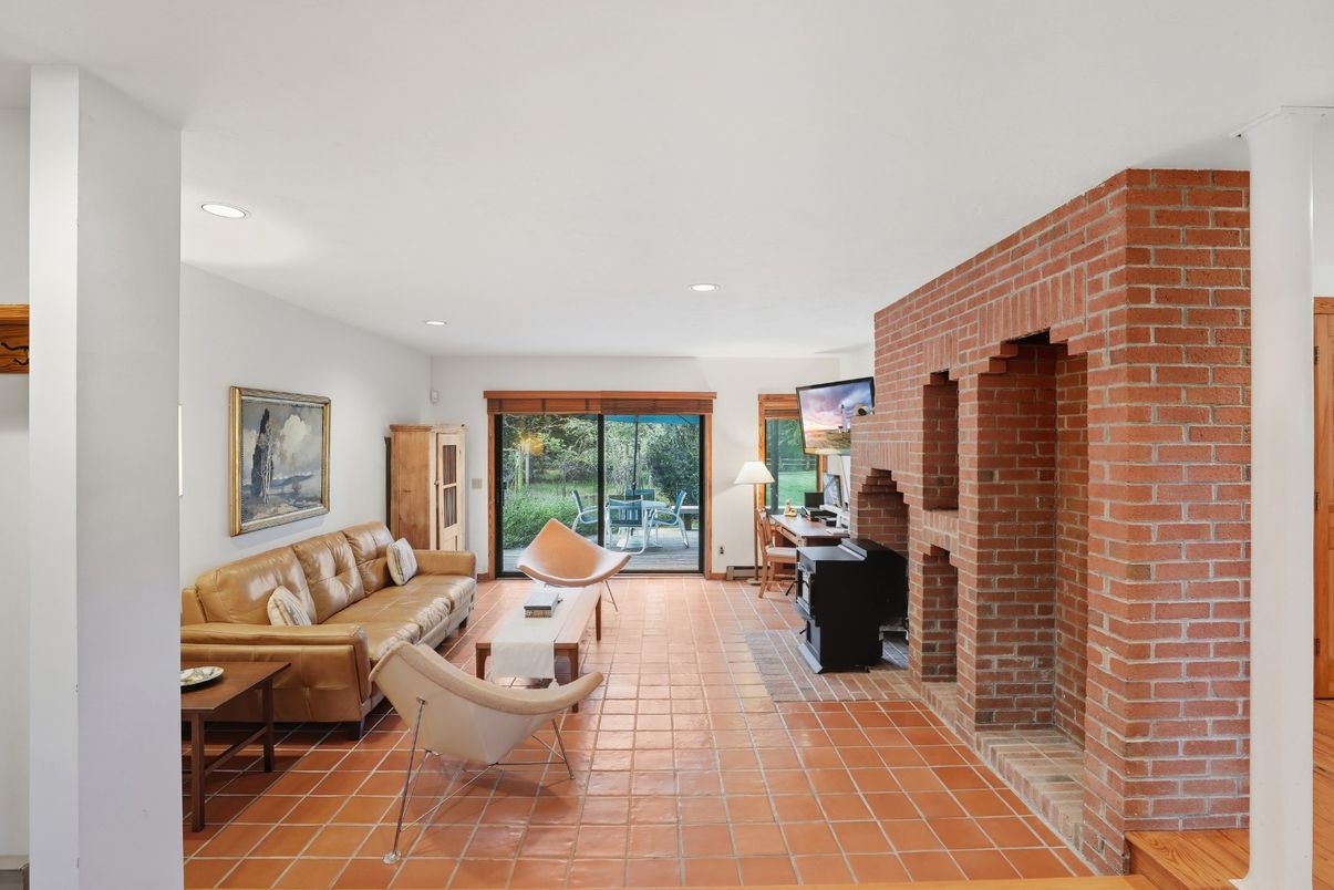 Fireplace, Interior, Living room, Recessed Lighting, Stone Walls