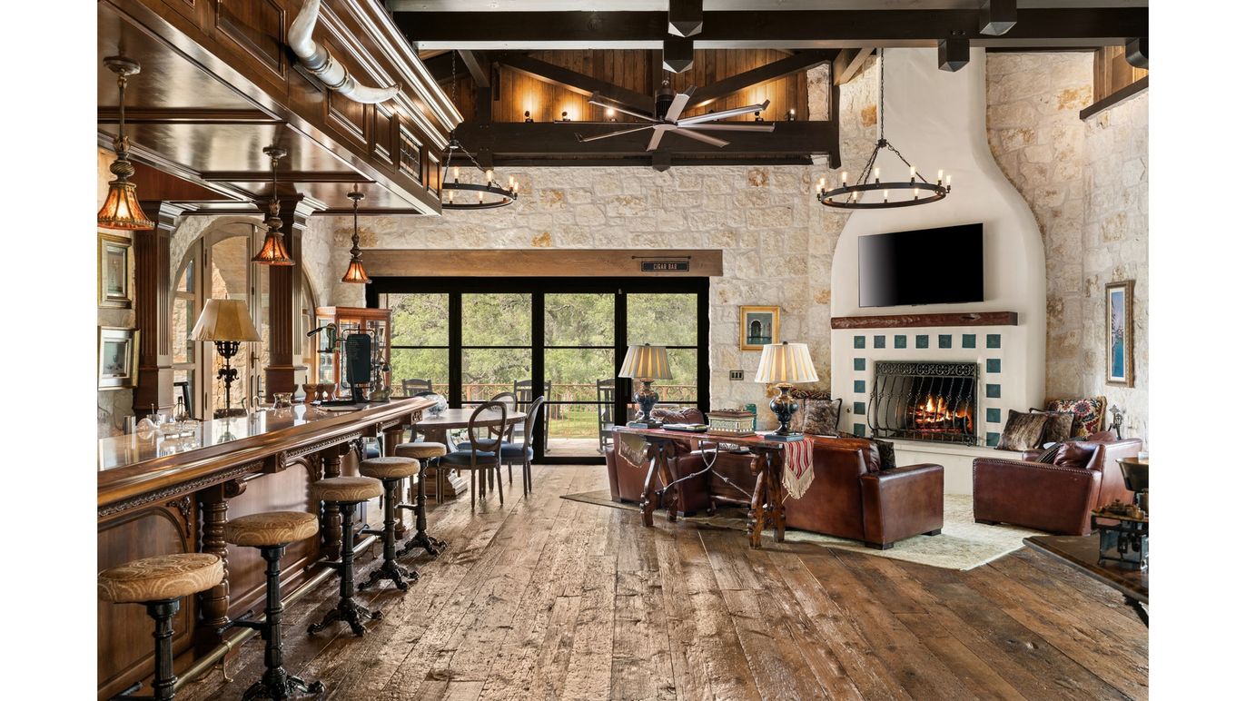 Dining room, Fireplace, Interior, Living room, Pendant Lights, Stone Walls, Wooden Beams, Wood Texture Flooring
